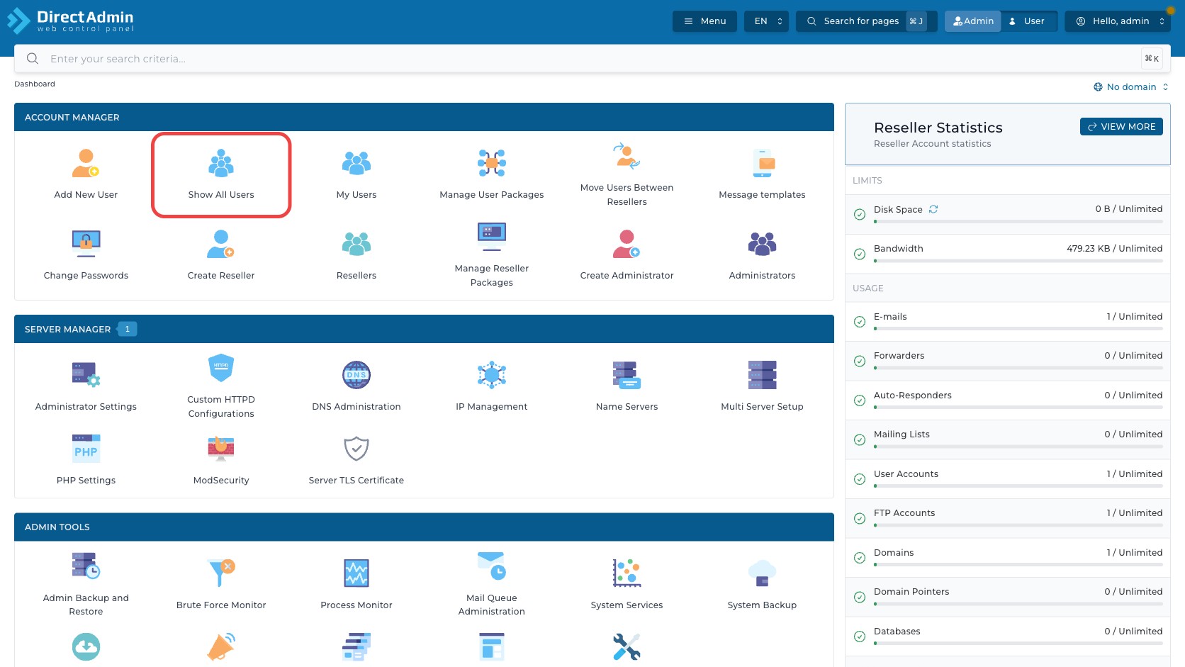ภาพหน้าจอ DirectAdmin Dashboard ใน Admin Level พร้อมกรอบสีแดงรอบเมนู Show All Users ในกลุ่ม Account Manager