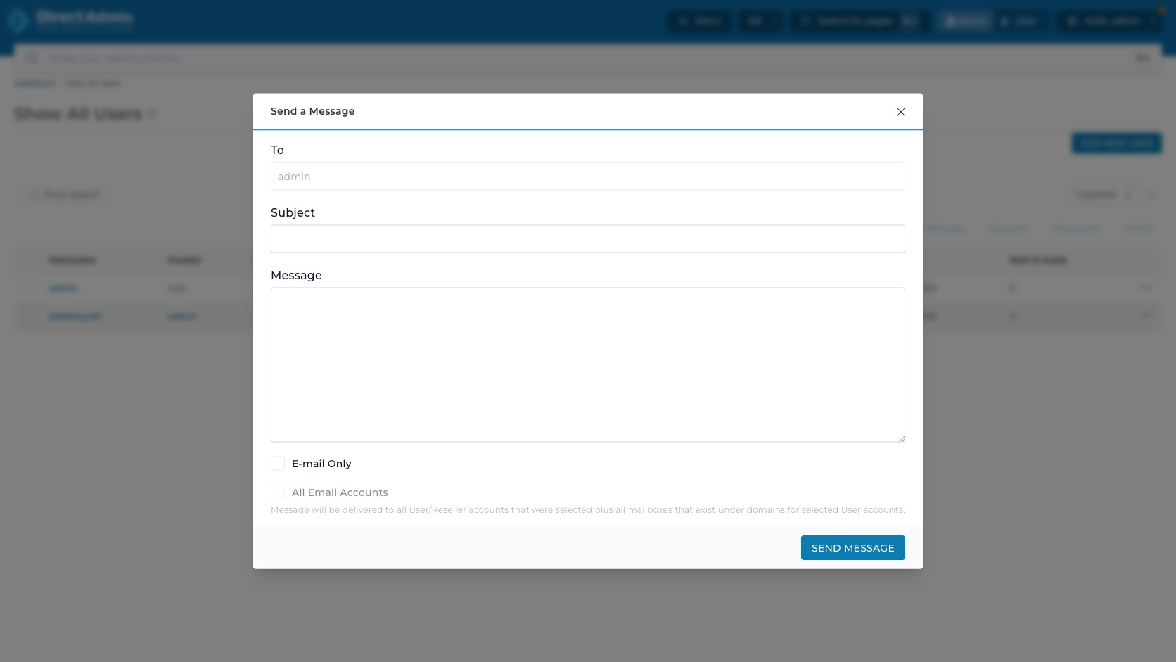 ภาพหน้าจอ modal Send a Message ใน DirectAdmin Show All Users ที่มีช่อง To Subject Message checkbox E-mail Only และปุ่ม Send Message