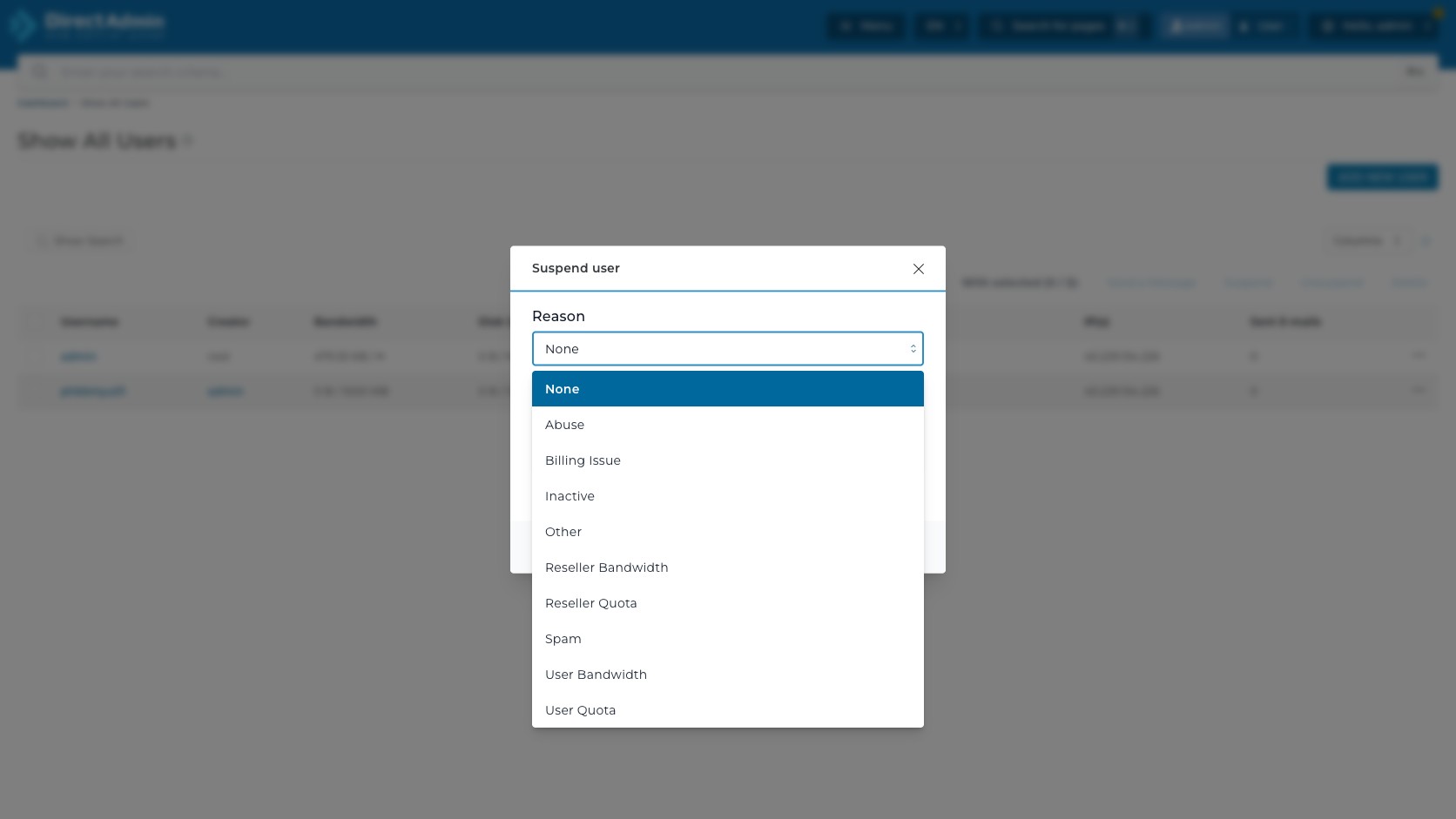 ภาพหน้าจอ modal Suspend user ใน DirectAdmin ที่เปิด dropdown Reason พร้อมตัวเลือก None Abuse Billing Issue Inactive Other Spam User Bandwidth และ User Quota