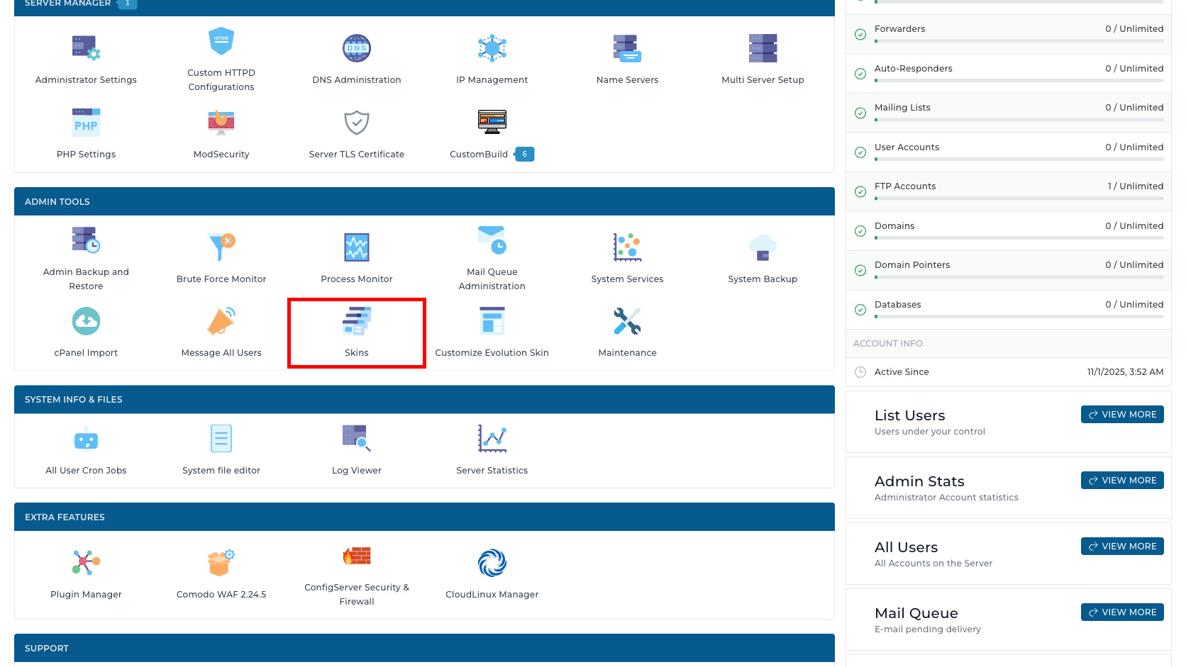 ภาพหน้าจอ DirectAdmin Dashboard ใน Admin Level พร้อมกรอบสีแดงรอบเมนู Skins ในกลุ่ม Admin Tools