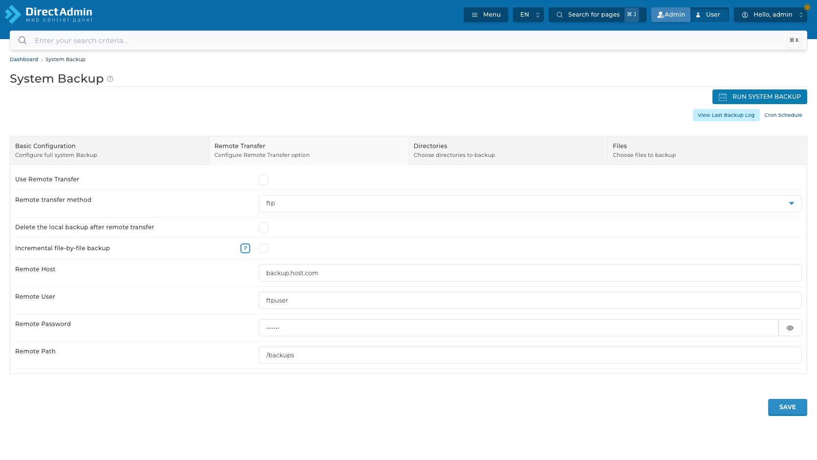 ภาพหน้าจอแท็บ Remote Transfer ใน DirectAdmin System Backup แสดง Use Remote Transfer method ftp checkbox delete local incremental Remote Host Remote User Remote Password Remote Path และ SAVE