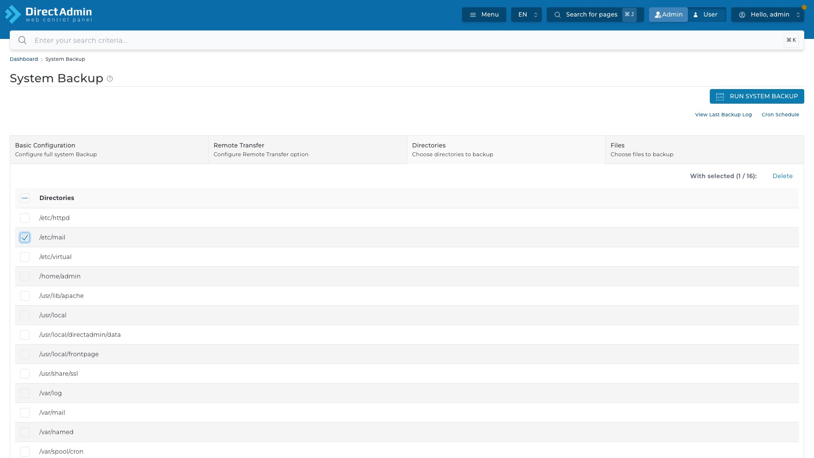 ภาพหน้าจอแท็บ Directories ใน DirectAdmin System Backup หลังเลือก checkbox หนึ่งรายการ แสดง With selected 1 จาก 16 ปุ่ม Delete และรายการ directory
