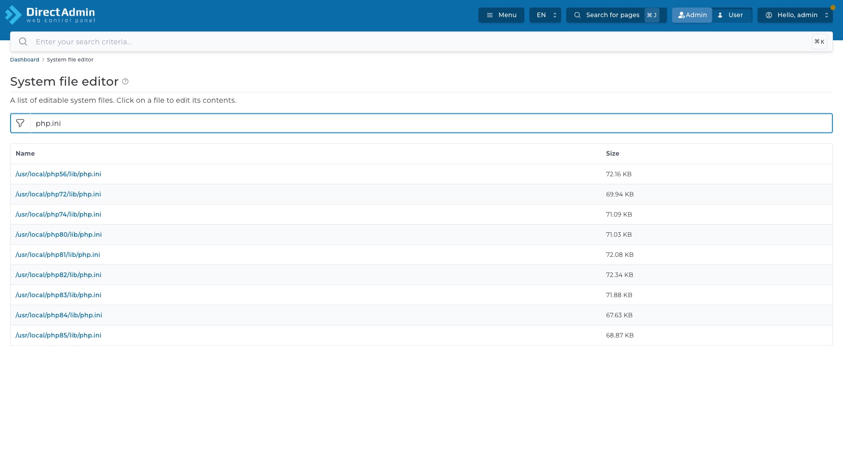 ภาพหน้าจอ System file editor หลังกรองด้วย php.ini แสดงรายการไฟล์ php.ini หลายเวอร์ชันและคอลัมน์ Size