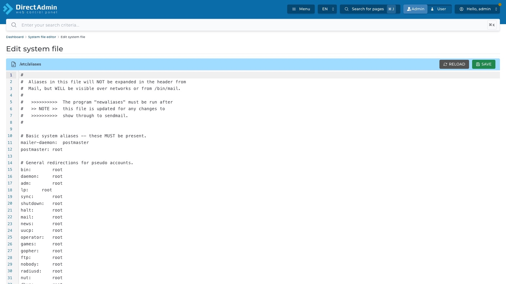 ภาพหน้าจอหน้า Edit system file แสดง breadcrumb path /etc/aliases line number editor ปุ่ม Reload และปุ่ม Save