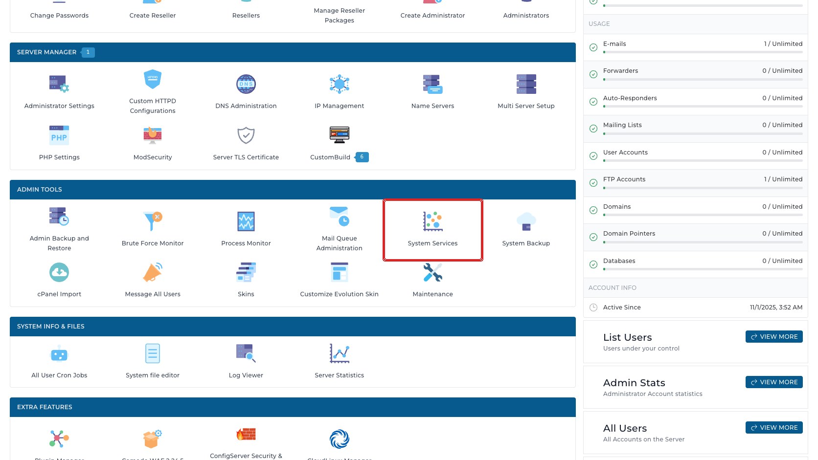 ภาพหน้าจอ DirectAdmin Admin Dashboard ที่ใส่กรอบสีแดงรอบเมนู System Services ในกลุ่ม Admin Tools