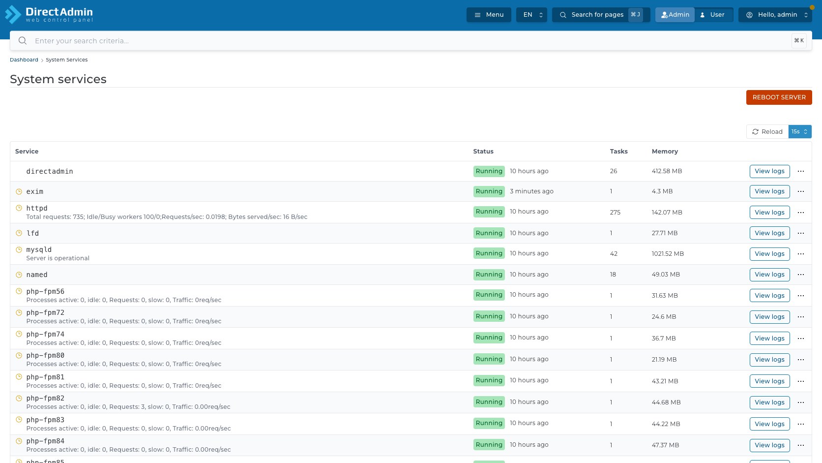 ภาพหน้าจอหน้าหลัก System services แสดง breadcrumb Reboot server Reload auto-refresh 15s และตาราง Service Status Tasks Memory