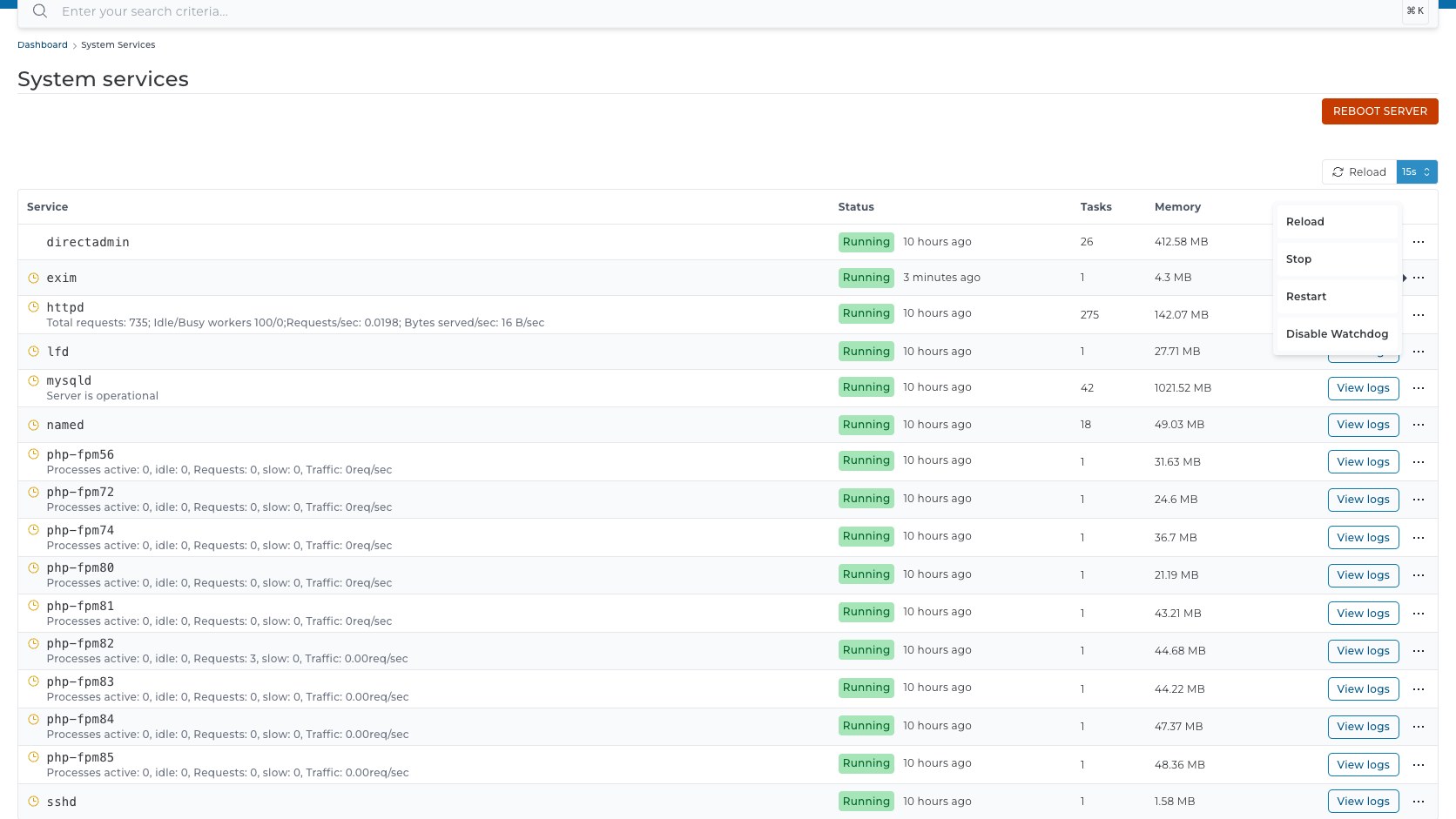 ภาพหน้าจอ action dropdown ราย service ใน System Services แสดง Reload Stop Restart และ Disable Watchdog