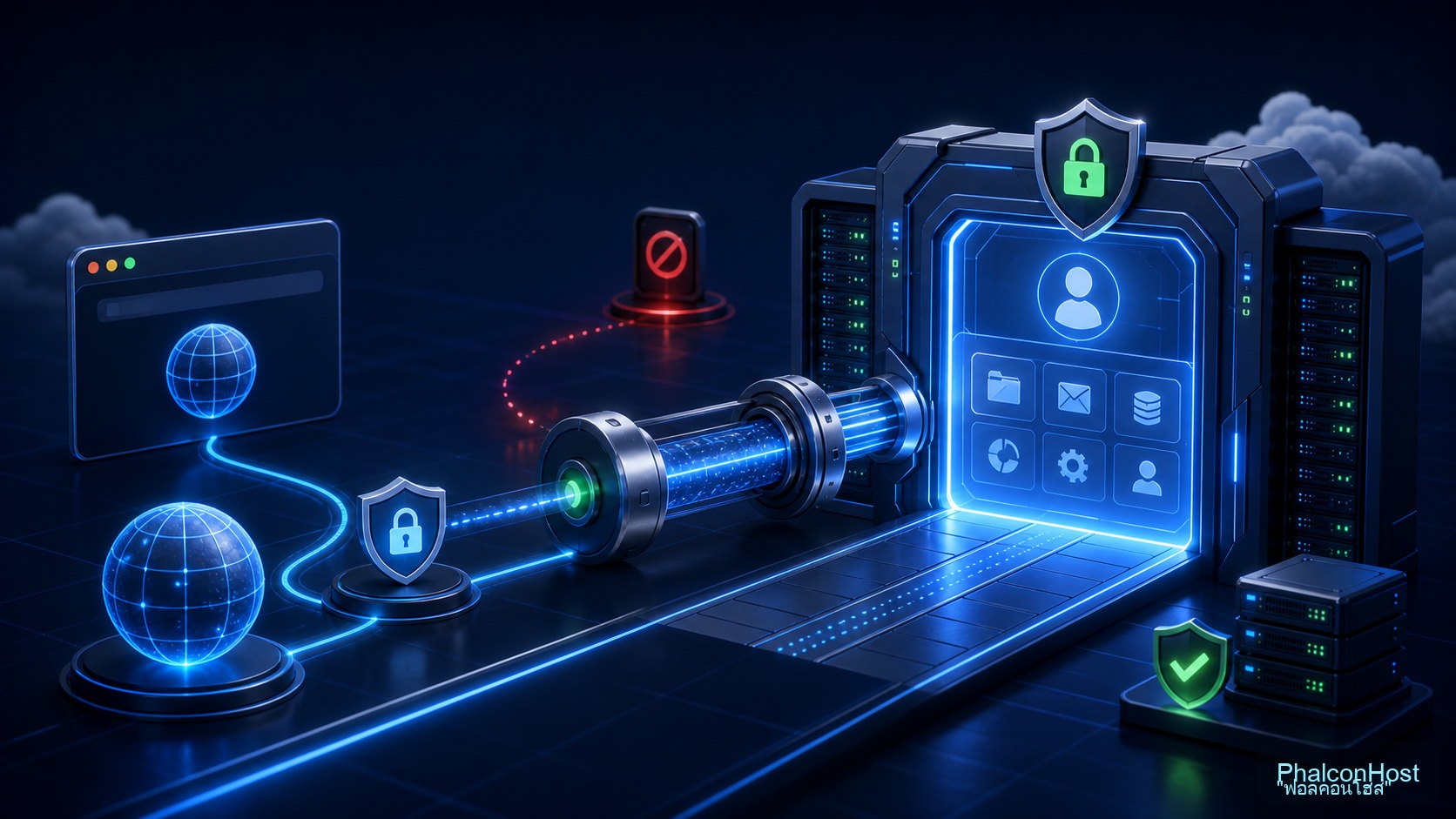 ภาพเส้นทางเข้าสู่ DirectAdmin ผ่าน gateway พอร์ต 2222 ที่เชื่อมโดเมนกับ control panel อย่างปลอดภัย
