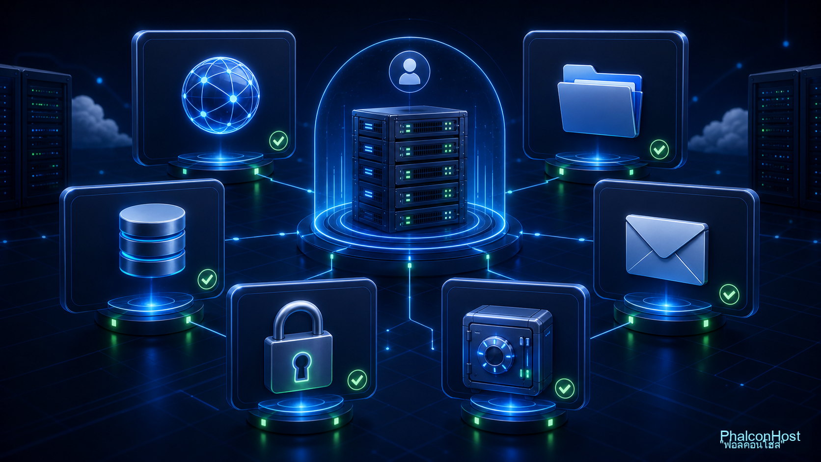 ภาพทัวร์เมนูสำคัญใน DirectAdmin เช่นโดเมน ไฟล์ ฐานข้อมูล อีเมล SSL และ backup