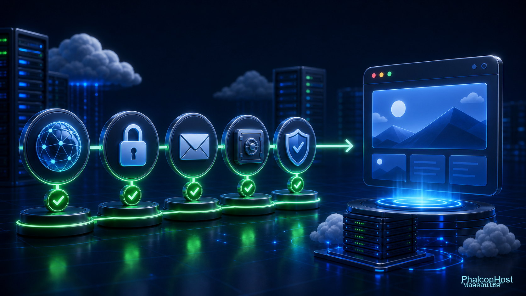 ภาพเช็กลิสต์งานแรกหลังได้โฮสต์ใหม่ เช่นชี้โดเมน เปิด SSL ตั้งอีเมล backup และความปลอดภัย