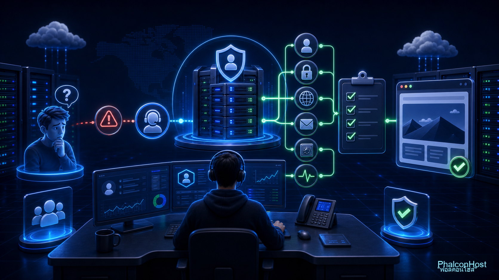 ภาพทีมเทคนิคช่วยดู DirectAdmin ตั้งแต่การเข้าใช้งาน เมนูสำคัญ SSL email backup และ security