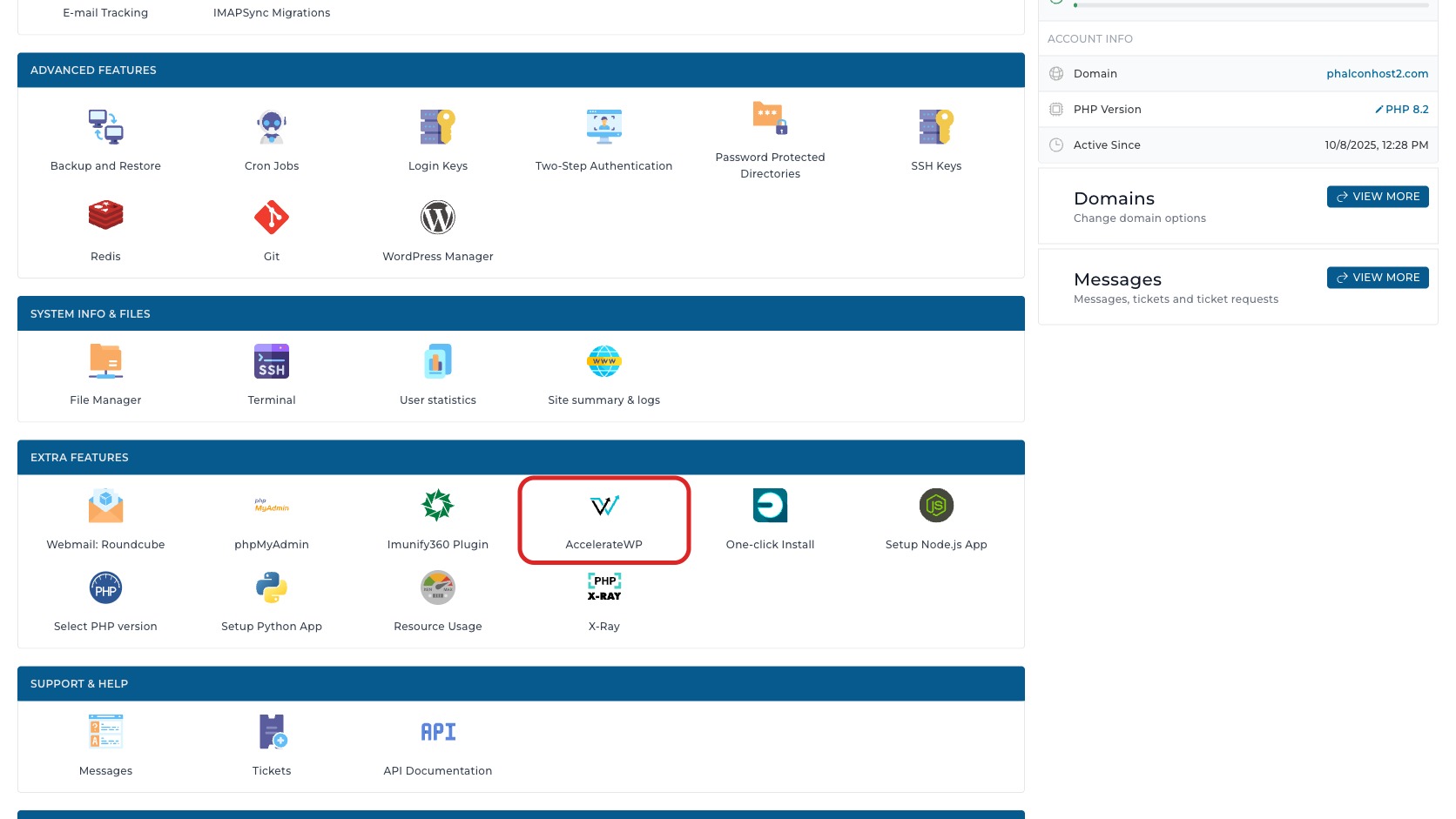 ภาพหน้าจอ DirectAdmin Dashboard พร้อมกรอบสีแดงรอบเมนู AccelerateWP สำหรับเข้าสู่หน้าตรวจคำแนะนำความเร็ว WordPress