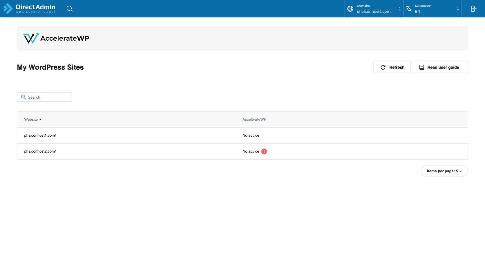 ภาพหน้าจอหน้าหลัก AccelerateWP ใน DirectAdmin แสดง My WordPress Sites ปุ่ม Refresh Read user guide Search และตารางเว็บไซต์