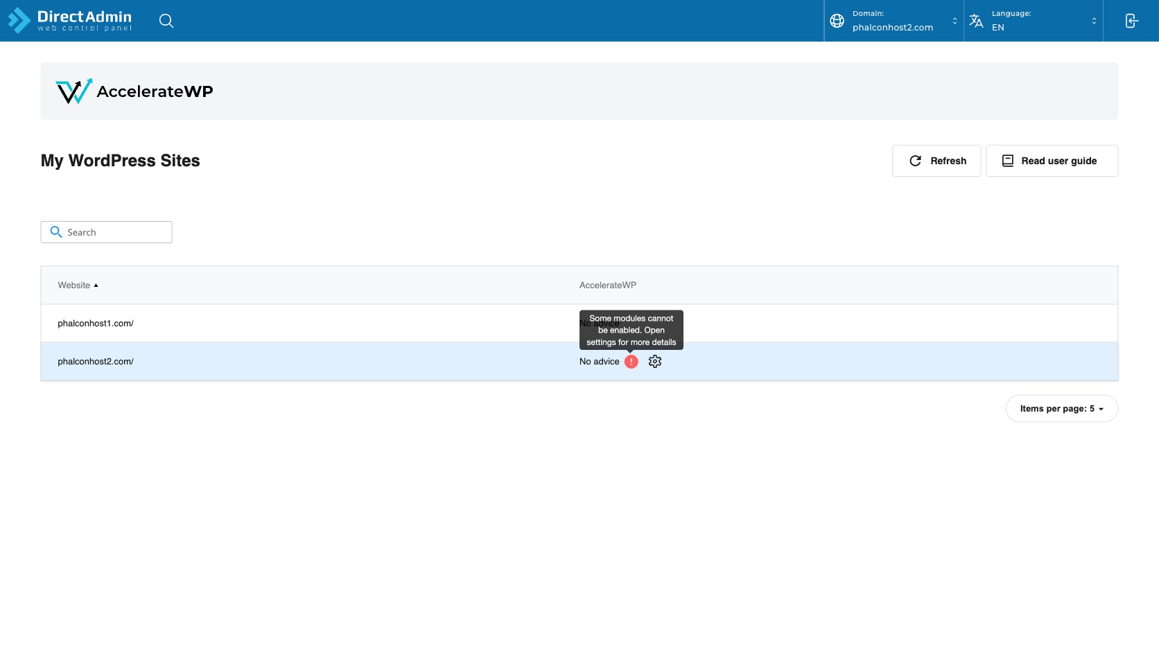 ภาพหน้าจอ AccelerateWP ขณะ hover error icon แสดง tooltip Some modules cannot be enabled และ settings icon