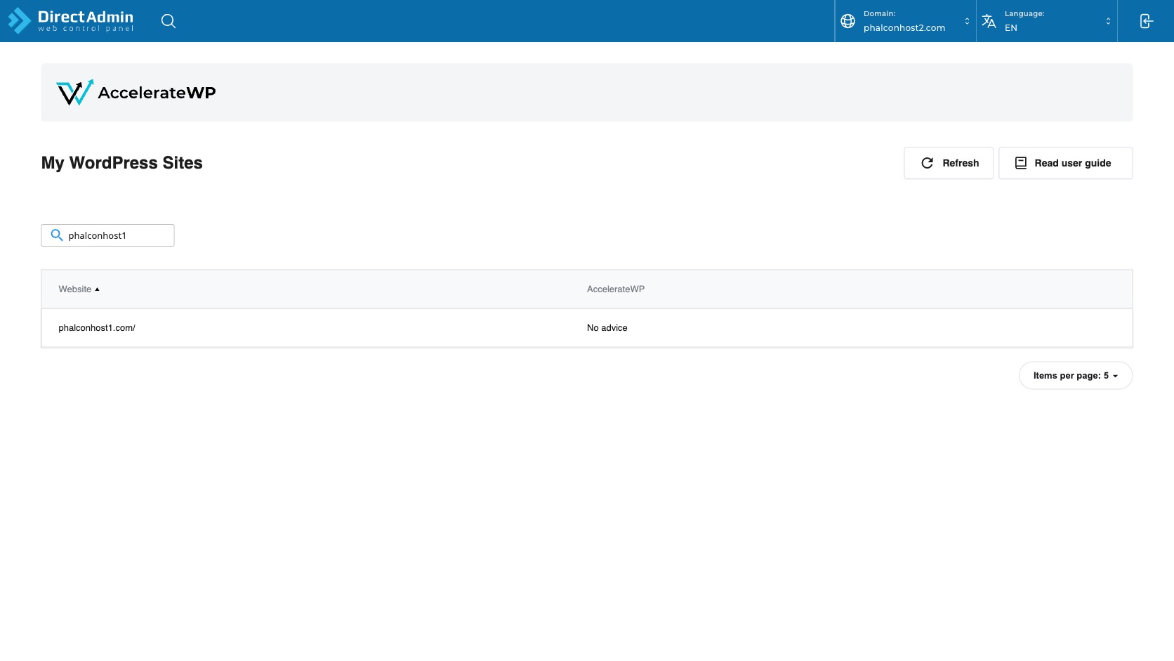 ภาพหน้าจอ AccelerateWP หลังค้นหา phalconhost1 แสดงแถวที่กรองแล้วและปุ่ม Items per page