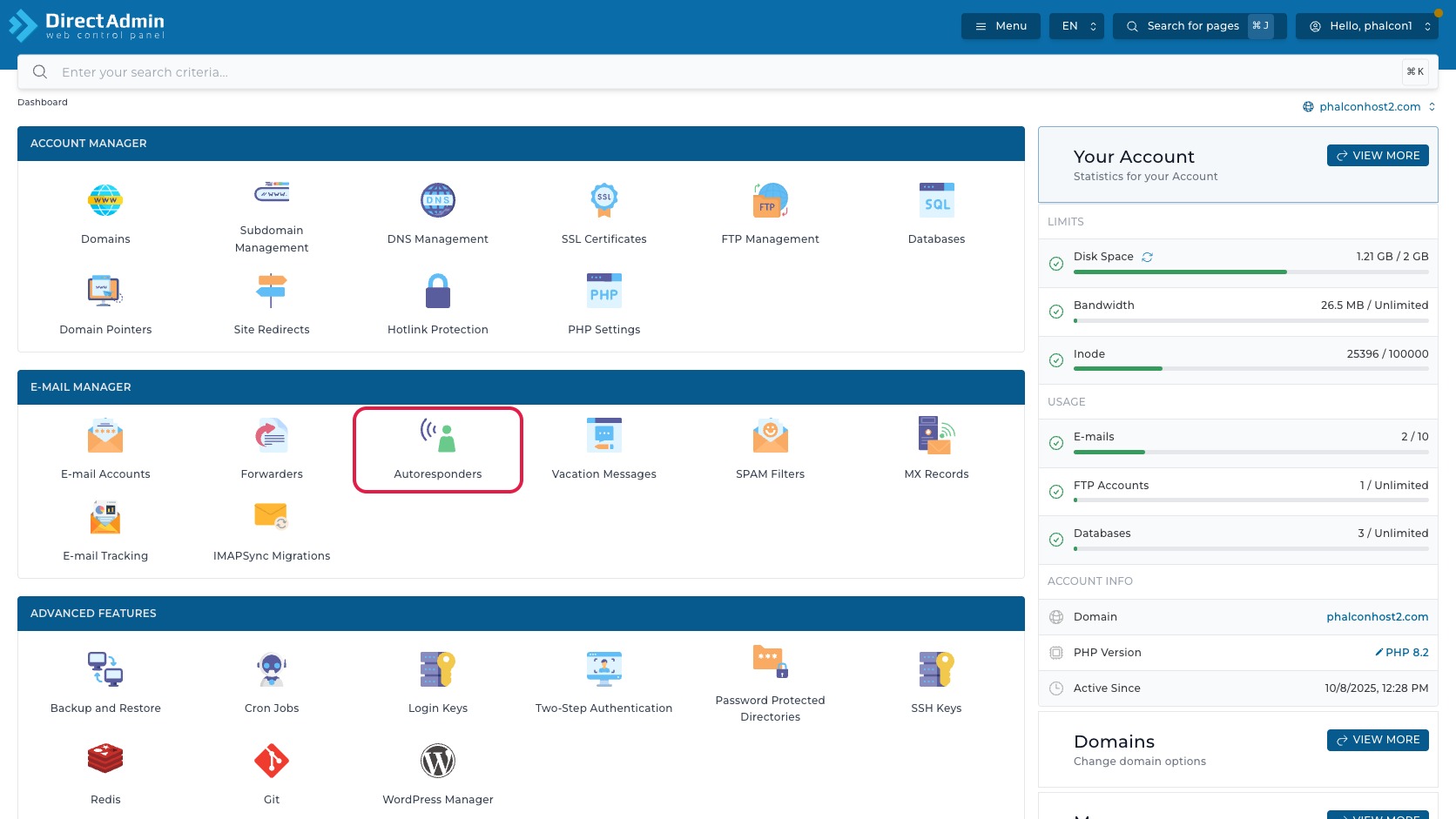 ภาพหน้าจอ DirectAdmin Dashboard พร้อมกรอบสีแดงรอบเมนู Autoresponders สำหรับเข้าสู่หน้าตั้งข้อความตอบกลับอัตโนมัติ