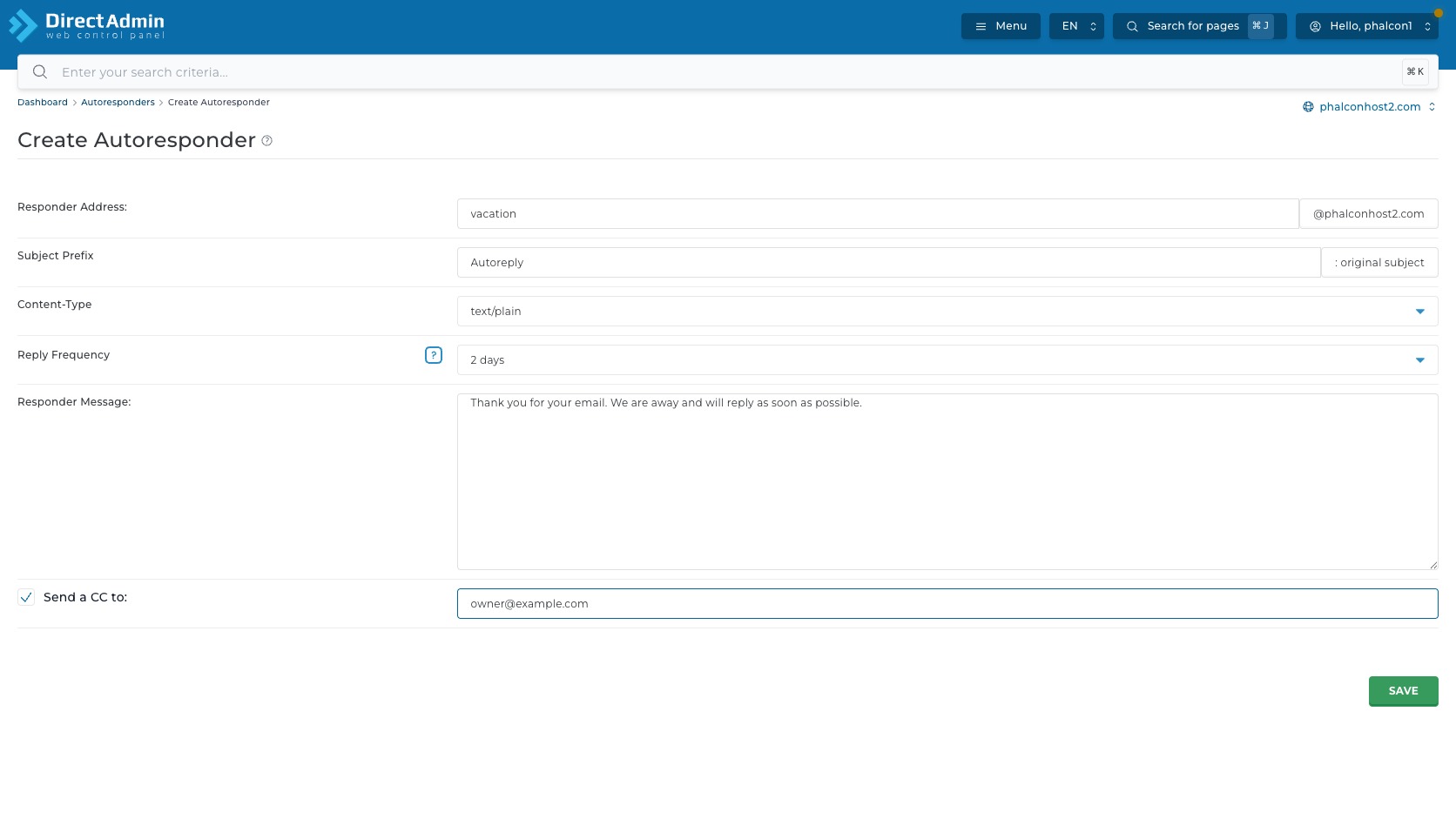 ภาพหน้าจอ Create Autoresponder ใน DirectAdmin แสดงช่อง Responder Address Subject Prefix Content-Type Reply Frequency Responder Message checkbox Send a CC to และปุ่ม Save