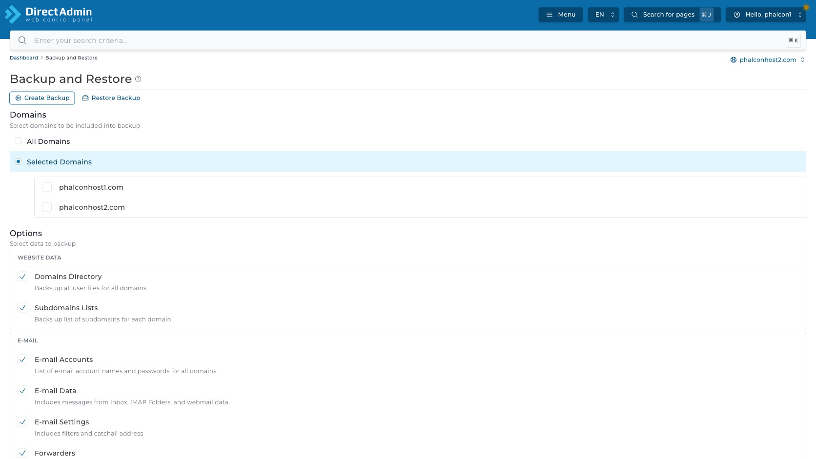 ภาพหน้าจอ DirectAdmin Backup and Restore ขณะเลือก Selected Domains แสดง checkbox โดเมน phalconhost1.com phalconhost2.com และ Options