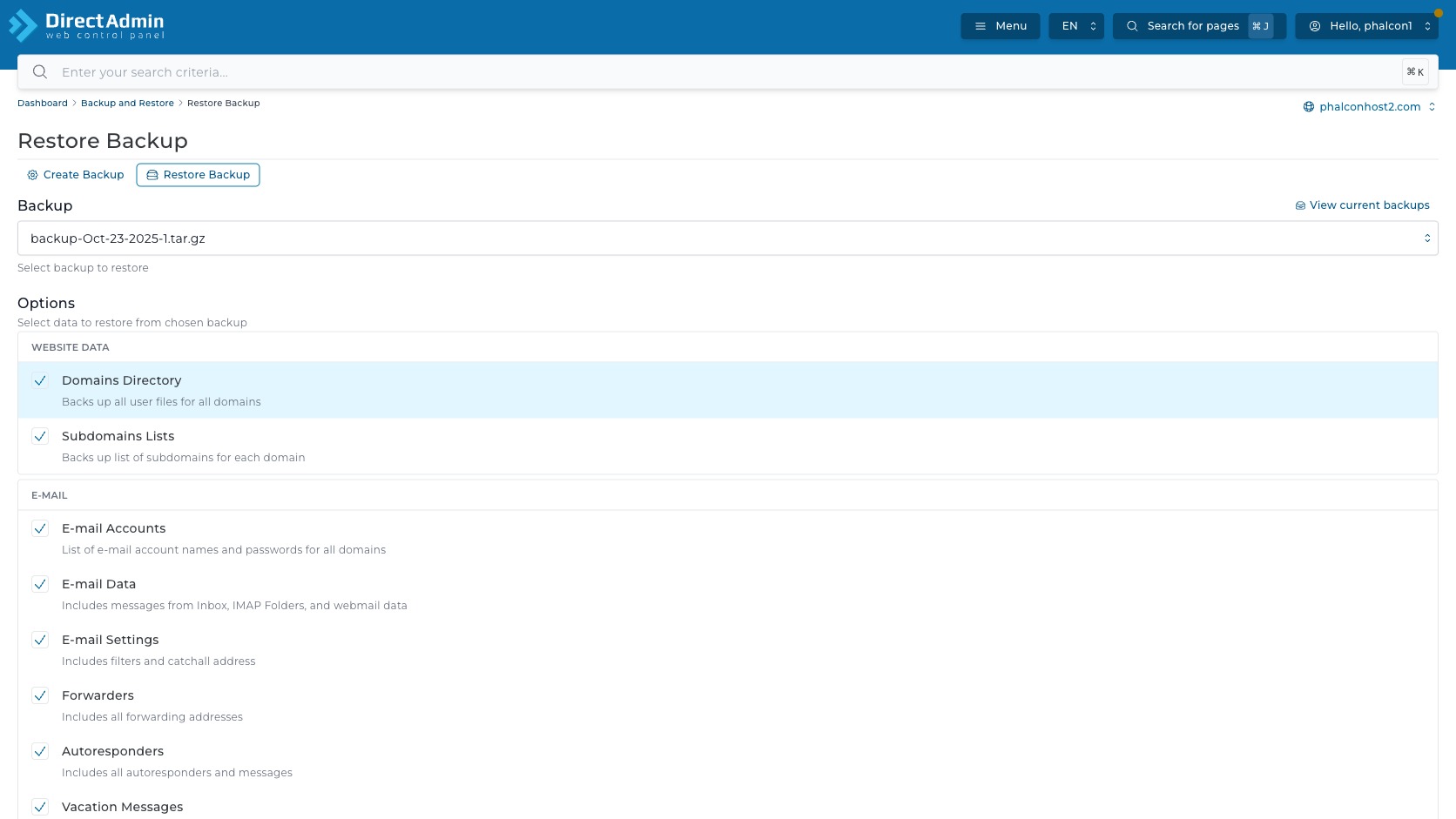 ภาพหน้าจอหน้า Restore Backup ใน DirectAdmin แสดง breadcrumb backup dropdown View current backups และรายการ Restore Options