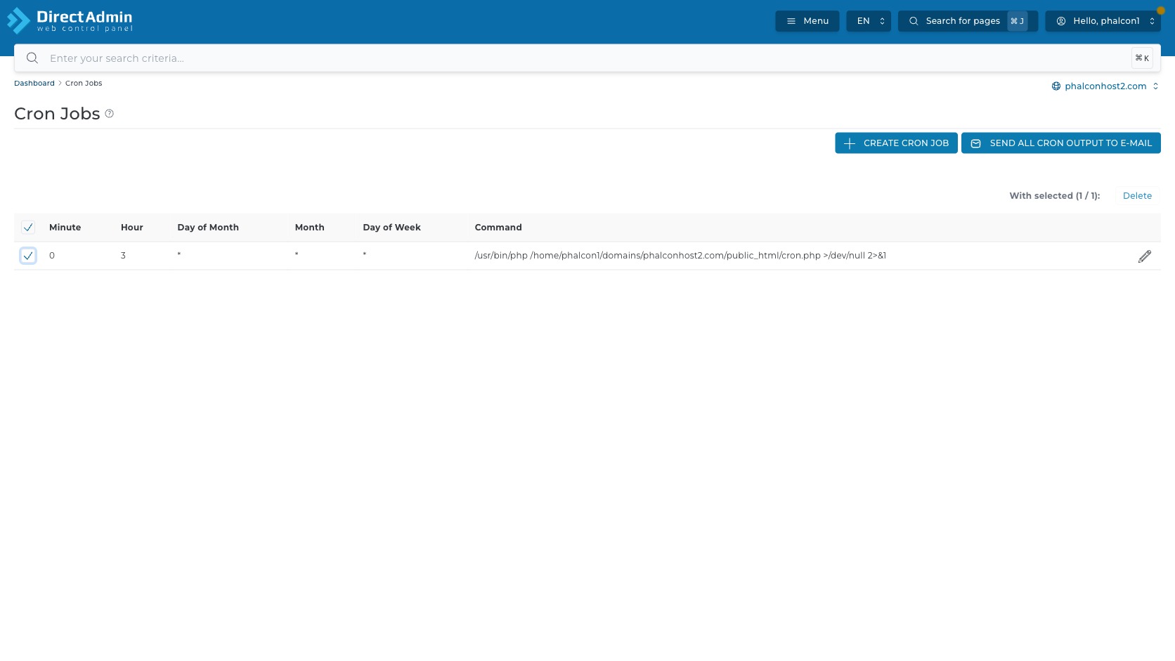 ภาพหน้าจอตาราง Cron Jobs หลังเลือก cron job หนึ่งรายการ แสดง With selected 1 จาก 1 ปุ่ม Delete checkbox และ icon Edit