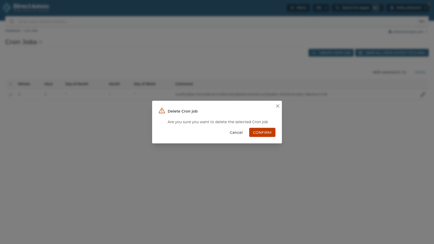 ภาพหน้าจอ Delete Cron job confirmation ใน DirectAdmin พร้อม warning icon ปุ่ม Cancel และ Confirm