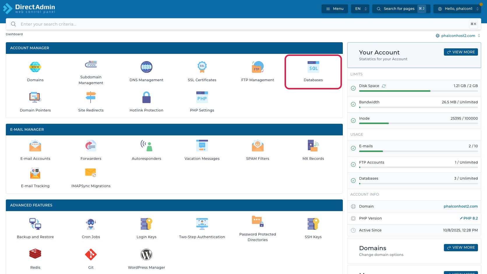 ภาพหน้าจอ DirectAdmin Dashboard พร้อมกรอบสีแดงรอบเมนู Databases สำหรับเข้าสู่หน้าจัดการฐานข้อมูล