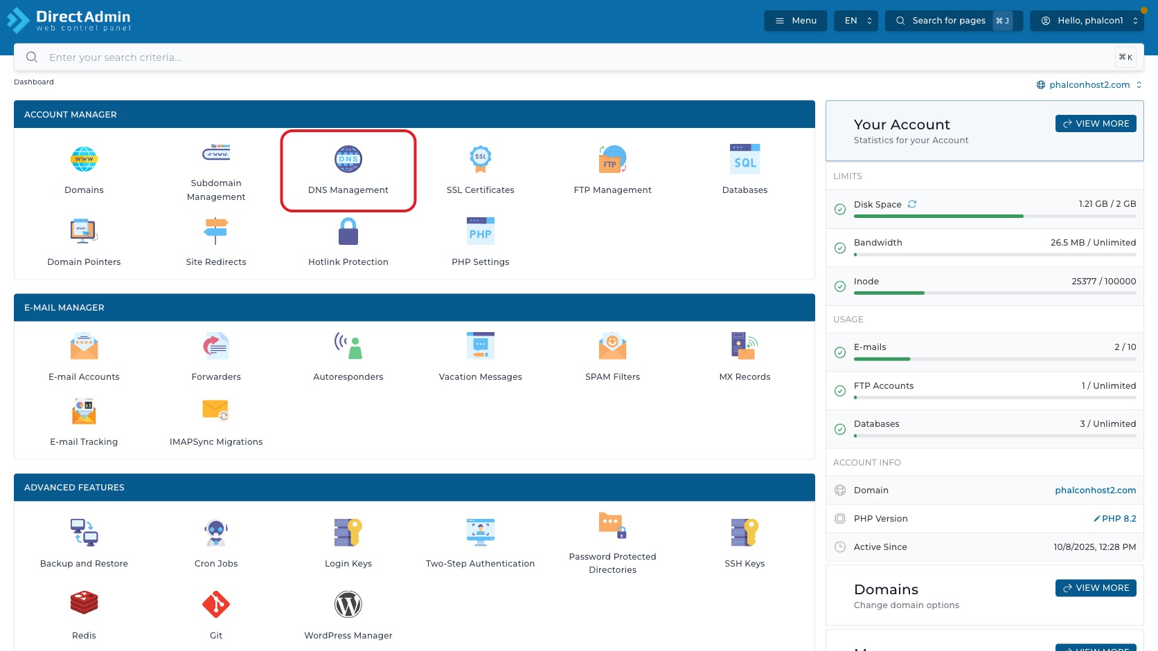 ภาพหน้าจอ DirectAdmin Dashboard พร้อมกรอบสีแดงรอบเมนู DNS Management สำหรับเข้าสู่หน้าจัดการ DNS record