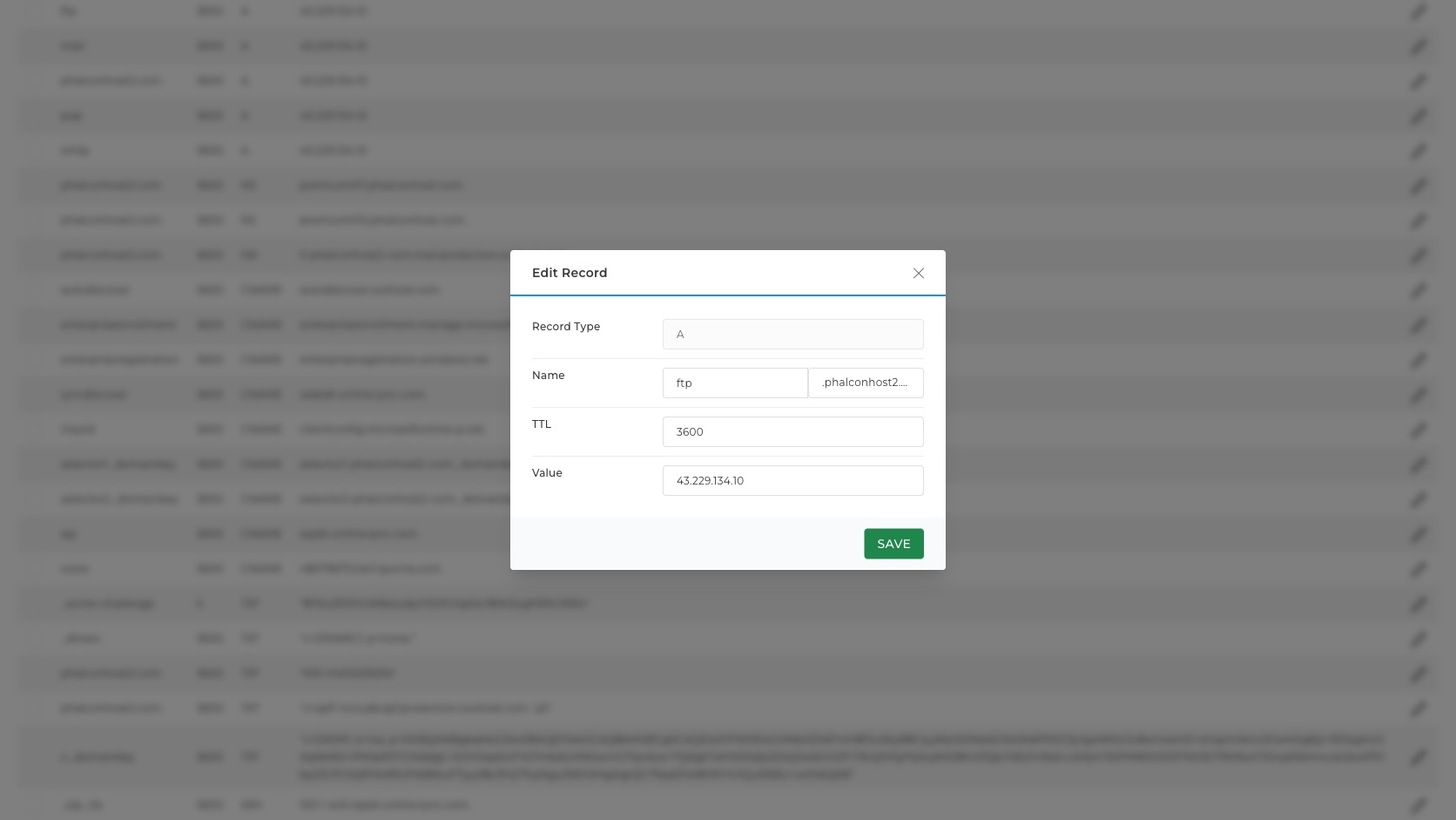 ภาพหน้าจอ Edit Record modal ใน DirectAdmin แสดง Record Type แบบล็อก ช่อง Name TTL Value และปุ่ม Save