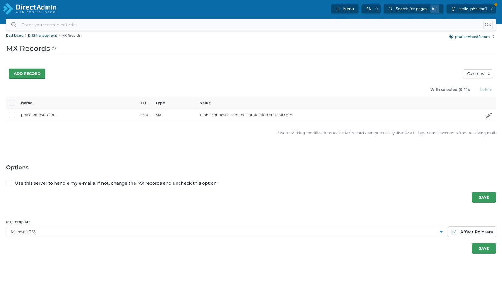ภาพหน้าจอ MX Records ใน DirectAdmin แสดงตาราง MX warning เรื่องอีเมล Options checkbox MX Template Affect Pointers และปุ่ม Save