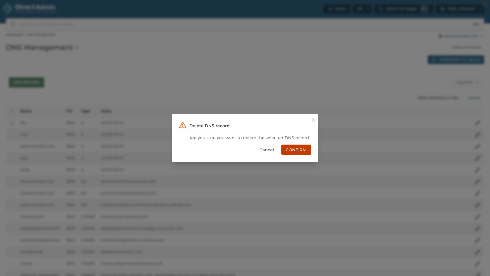 ภาพหน้าจอ Delete DNS record confirmation ใน DirectAdmin พร้อม warning icon ปุ่ม Cancel และ Confirm