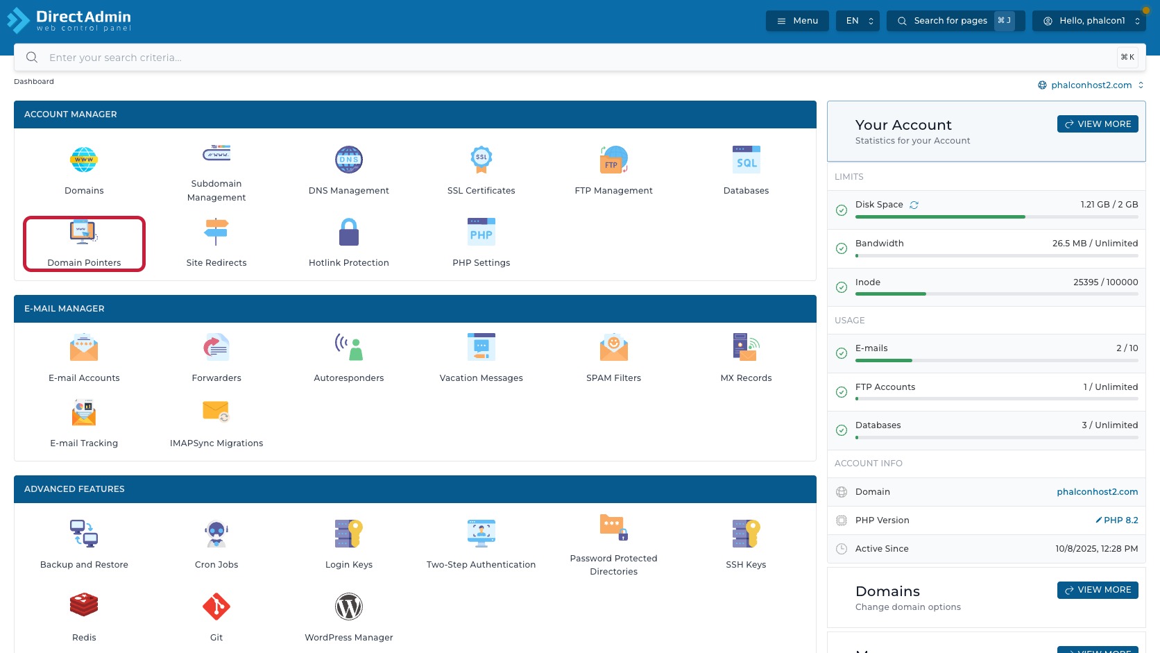 ภาพหน้าจอ DirectAdmin Dashboard พร้อมกรอบสีแดงรอบเมนู Domain Pointers ในกลุ่ม Account Manager