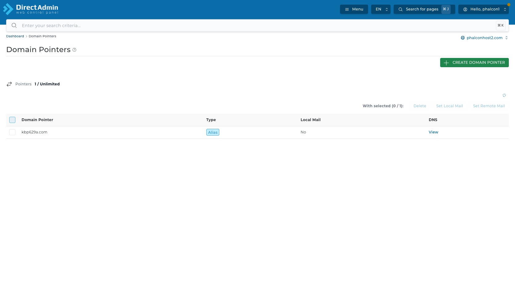 ภาพหน้าจอหน้ารวม Domain Pointers ใน DirectAdmin แสดง breadcrumb domain selector quota Pointers ปุ่ม Create Domain Pointer Reload Table และตาราง pointer