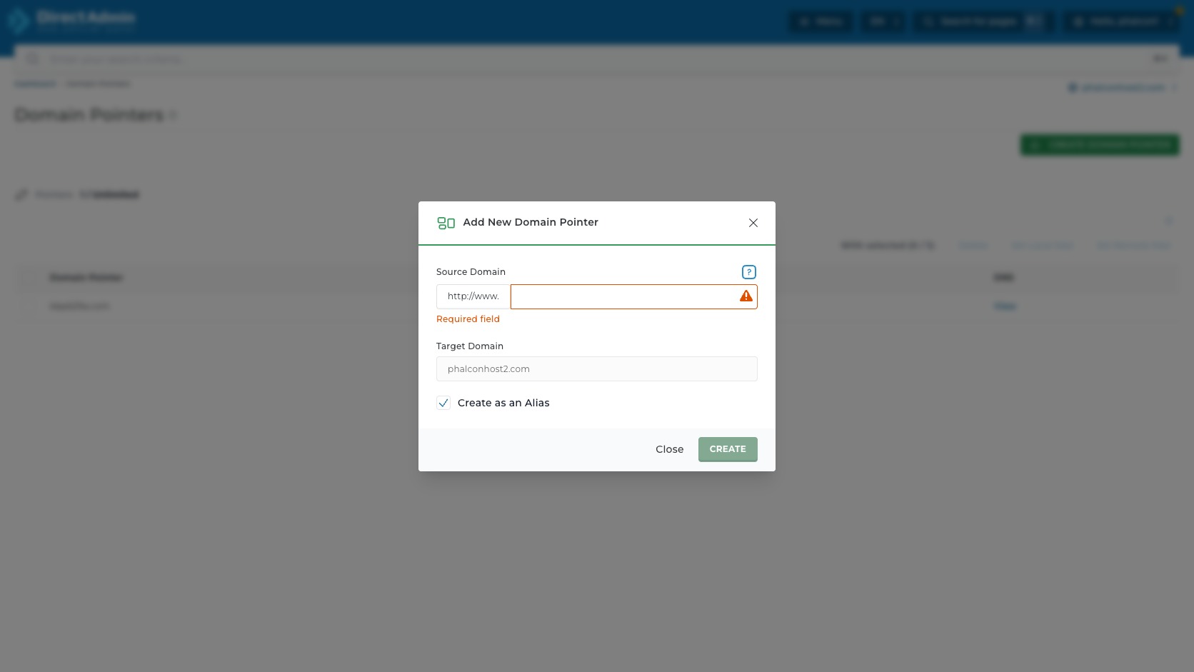 ภาพหน้าจอ Add New Domain Pointer modal ใน DirectAdmin แสดง Source Domain Target Domain Create as an Alias warning Required field และปุ่ม Create