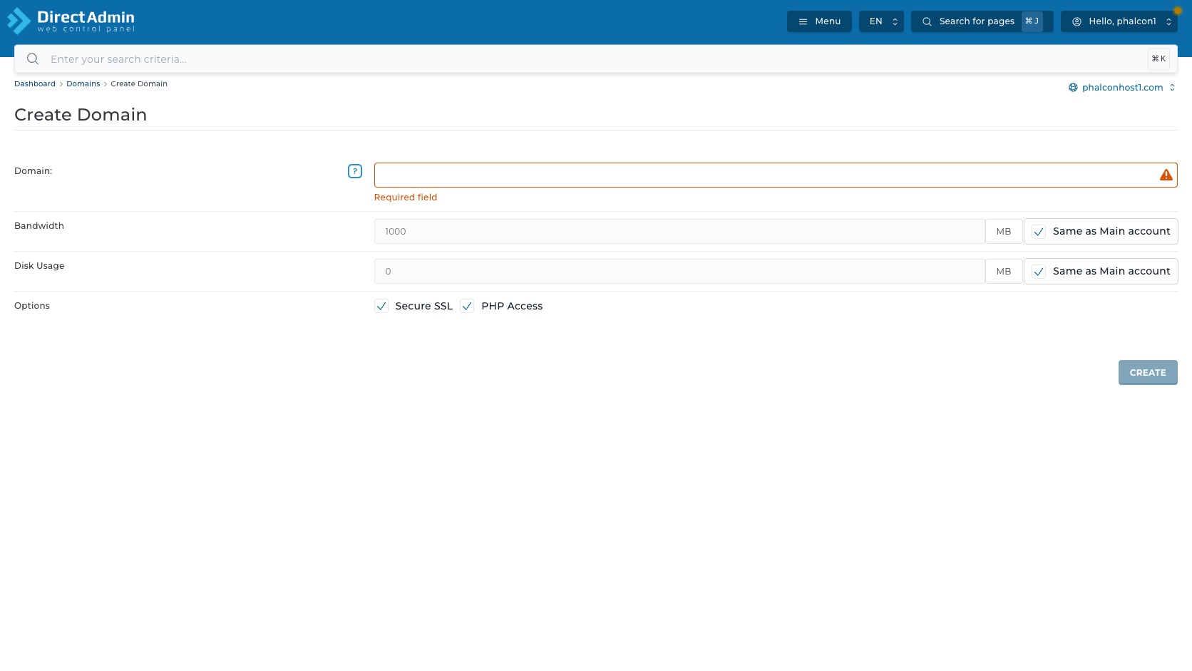 ภาพหน้าจอ Create Domain ใน DirectAdmin พร้อมช่อง Domain Bandwidth Disk Usage Secure SSL PHP Access และ Required field warning