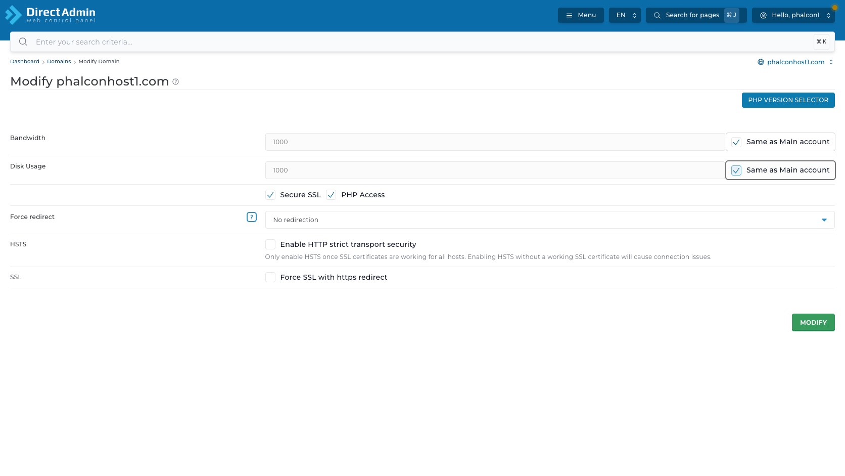 ภาพหน้าจอ Modify Domain ใน DirectAdmin แสดง limit Secure SSL PHP Access Force redirect HSTS warning และ Force SSL