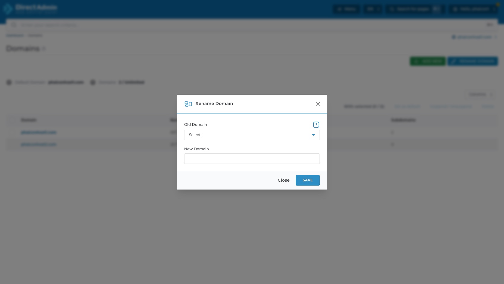 ภาพหน้าจอ Rename Domain modal ใน DirectAdmin พร้อม Old Domain dropdown New Domain input Close และ Save