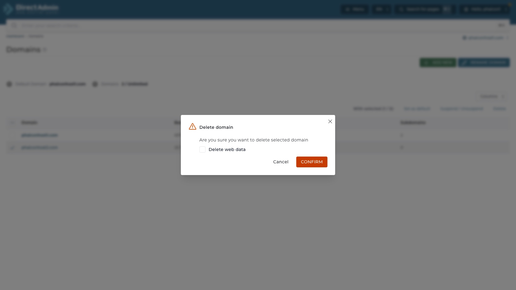 ภาพหน้าจอ Delete domain confirmation ใน DirectAdmin พร้อม checkbox Delete web data ปุ่ม Cancel และ Confirm