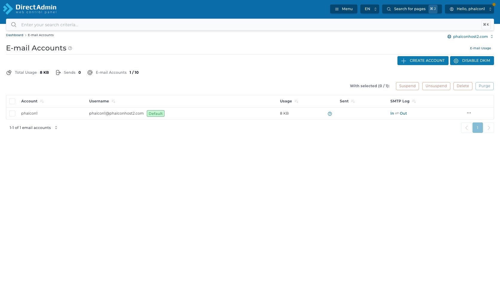 ภาพหน้าจอหน้ารวม E-mail Accounts ใน DirectAdmin แสดง breadcrumb domain selector ปุ่ม Create Account Disable DKIM cards และตารางบัญชีอีเมล