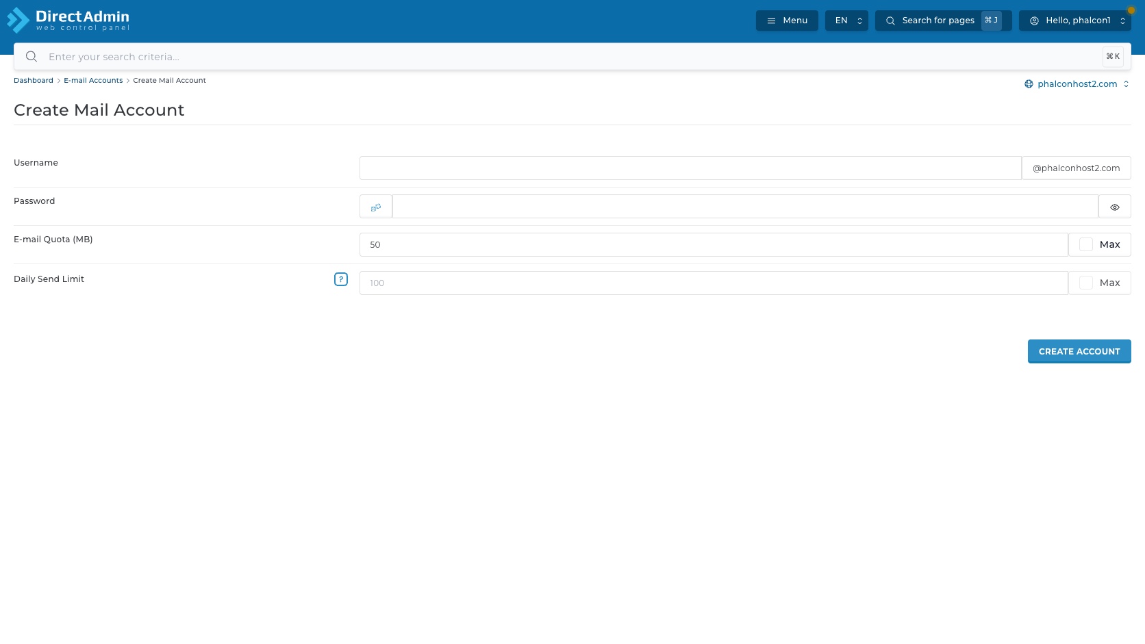 ภาพหน้าจอ Create Mail Account ใน DirectAdmin แสดงช่อง Username Password E-mail Quota Daily Send Limit Max และปุ่ม Create Account