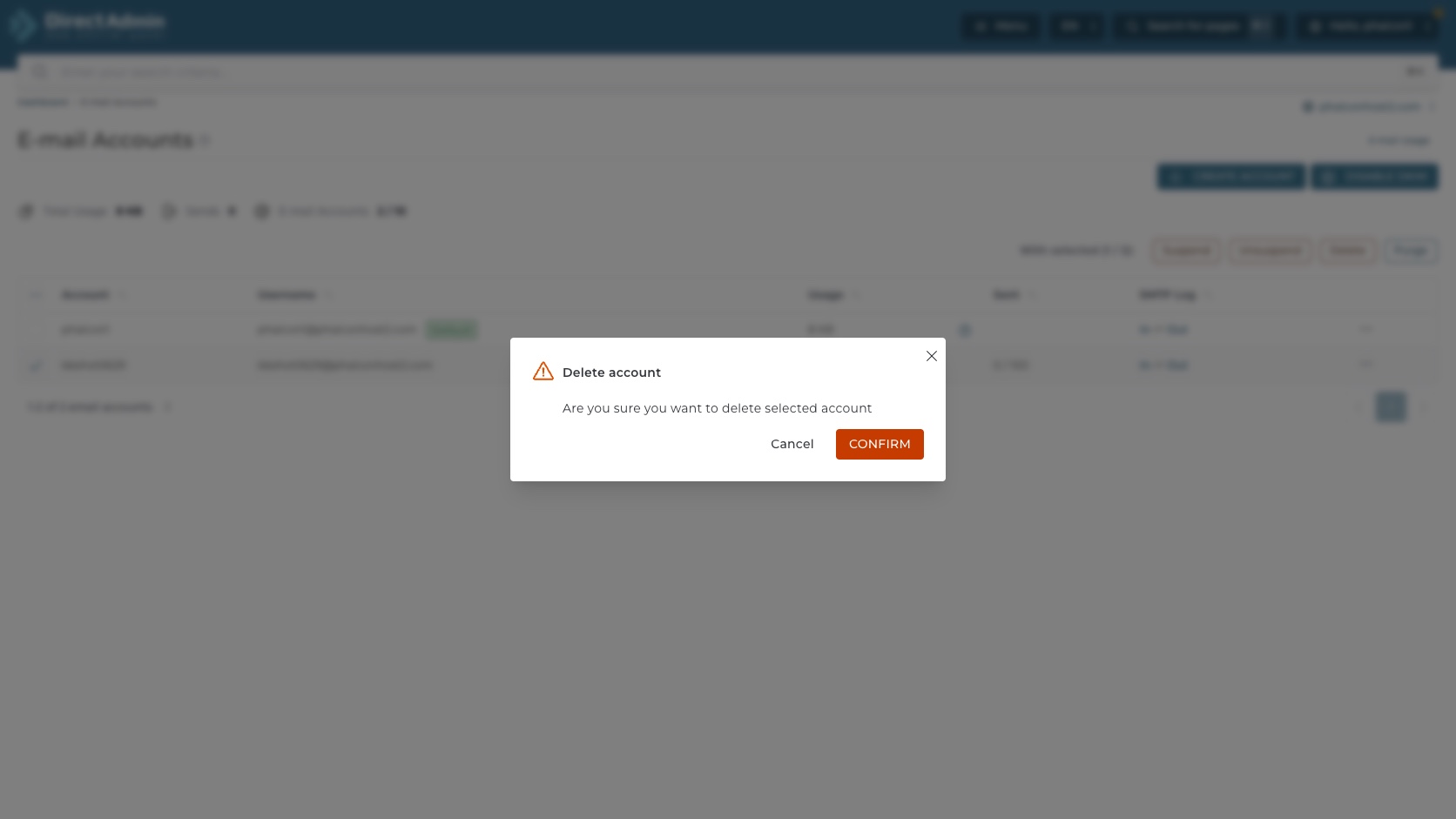ภาพหน้าจอ Delete account confirmation ใน DirectAdmin E-mail Accounts พร้อม warning icon ปุ่ม Cancel และ Confirm