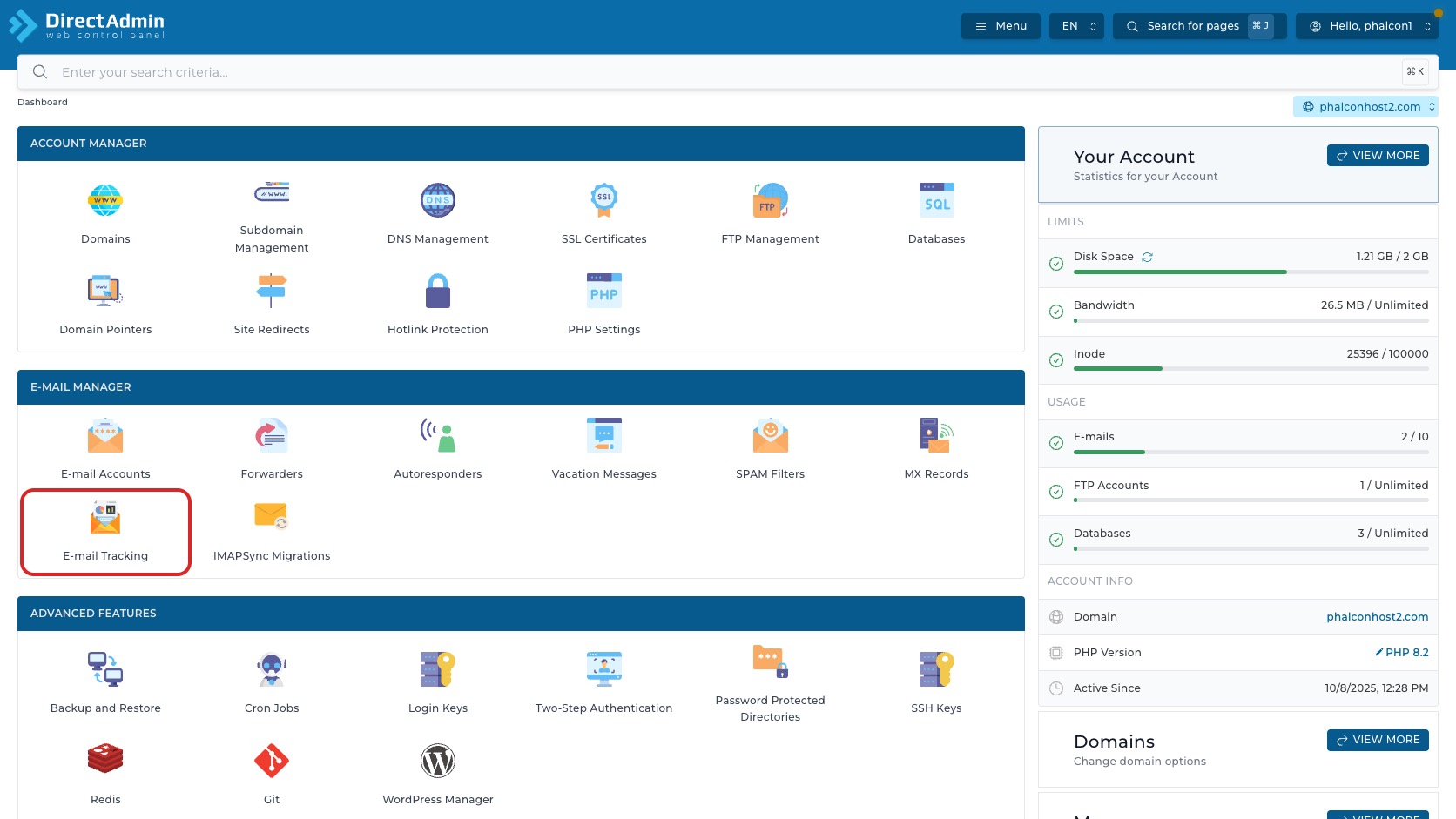 ภาพหน้าจอ DirectAdmin Dashboard พร้อมกรอบสีแดงรอบเมนู E-mail Tracking ในกลุ่ม E-mail Manager