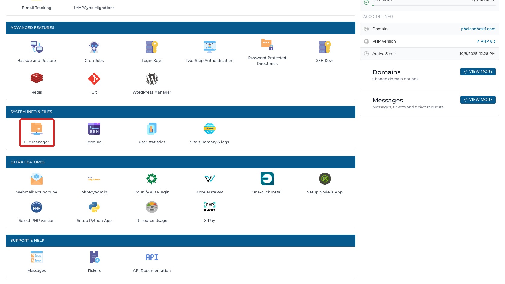 ภาพหน้าจอ DirectAdmin Dashboard พร้อมกรอบสีแดงรอบเมนู File Manager สำหรับเข้าสู่หน้าจัดการไฟล์