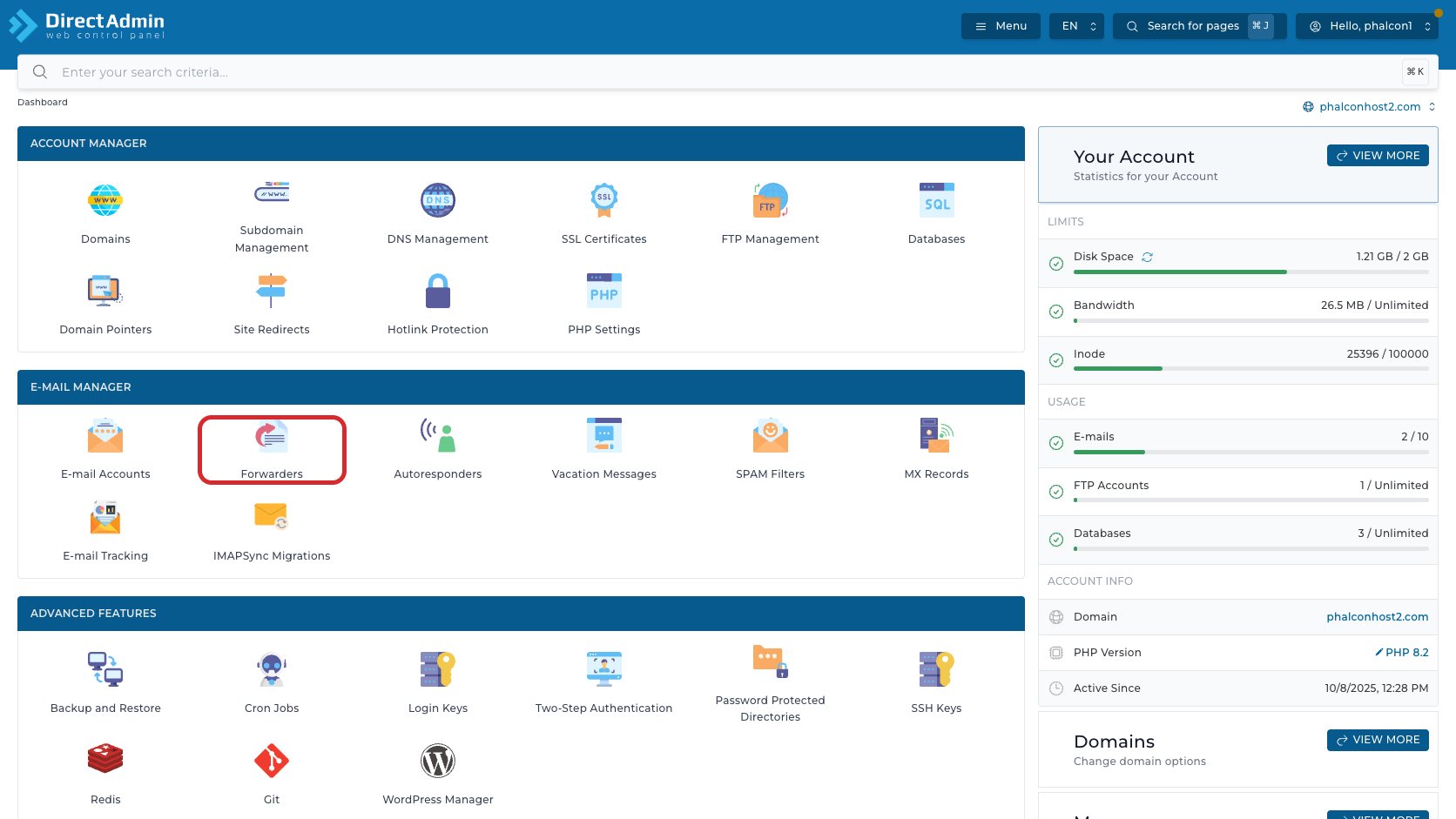 ภาพหน้าจอ DirectAdmin Dashboard พร้อมกรอบสีแดงรอบเมนู Forwarders ในกลุ่ม E-mail Manager