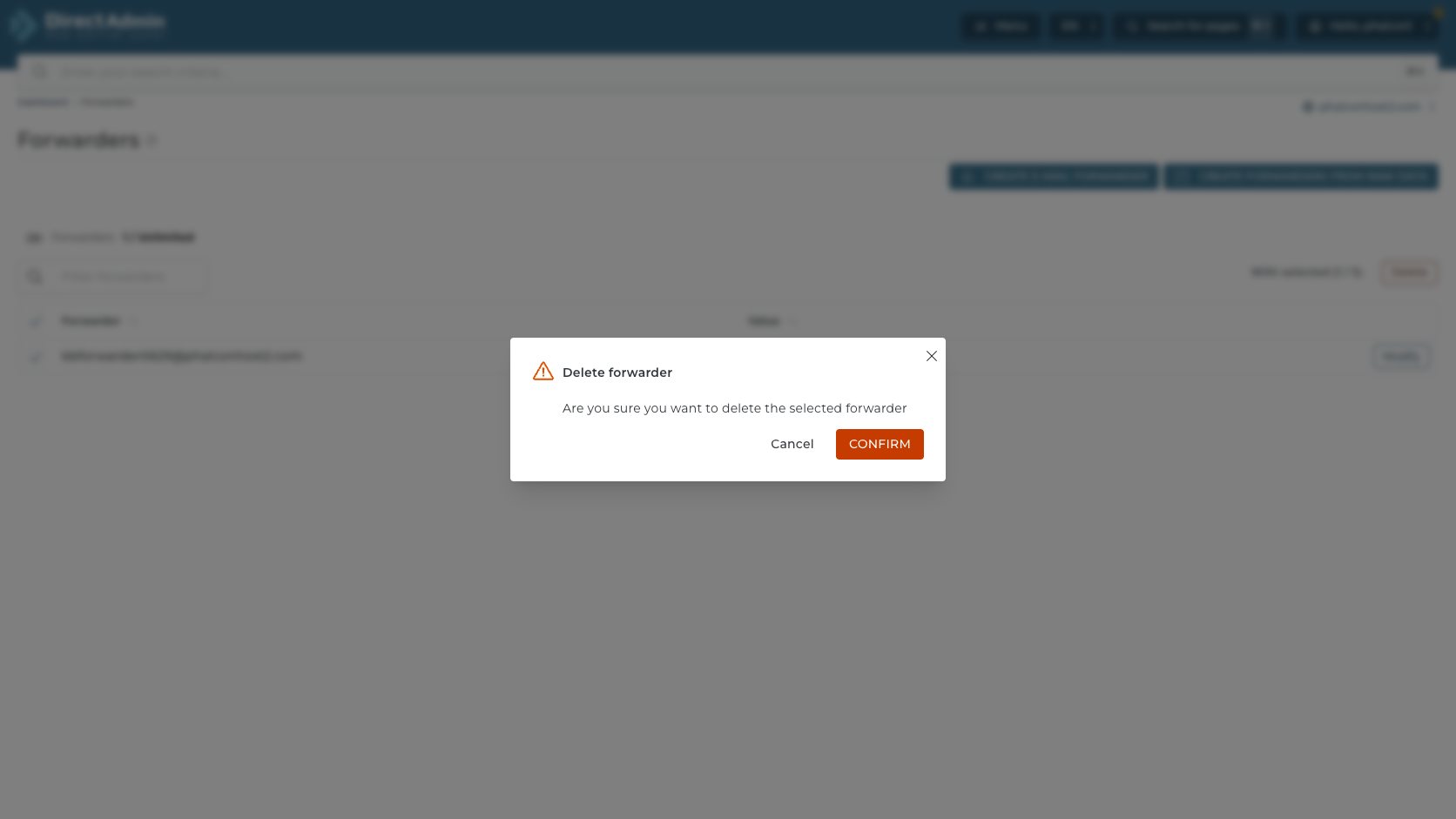 ภาพหน้าจอ Delete forwarder confirmation ใน DirectAdmin พร้อม warning icon ปุ่ม Cancel และ Confirm