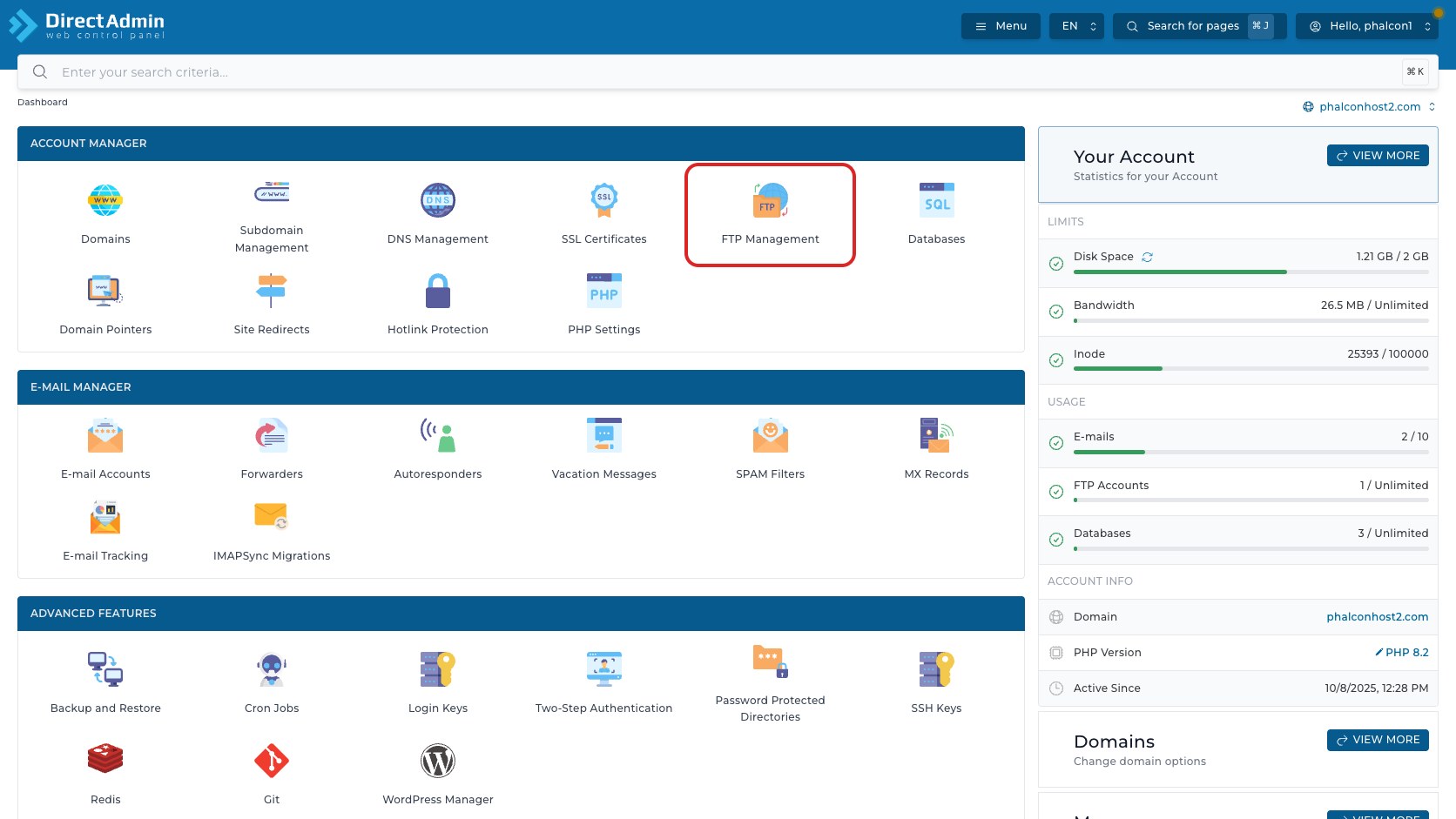 ภาพหน้าจอ DirectAdmin Dashboard พร้อมกรอบสีแดงรอบเมนู FTP Management ในกลุ่ม Account Manager