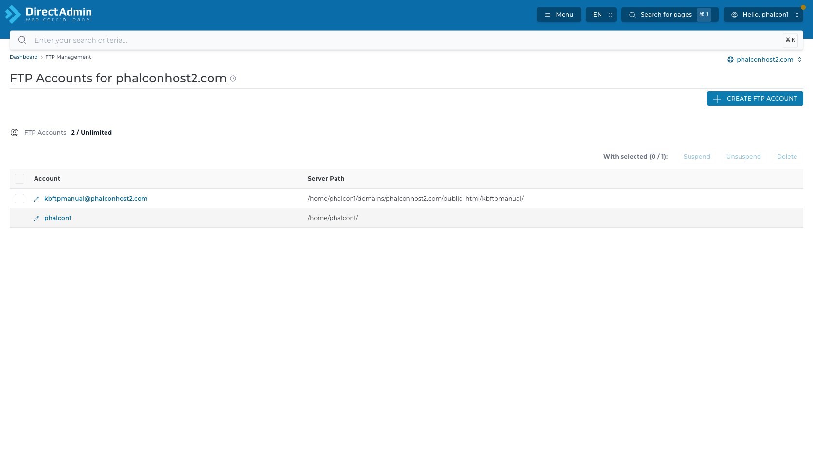 ภาพหน้าจอหน้ารวม FTP Accounts ใน DirectAdmin แสดง breadcrumb domain selector quota ปุ่ม Create FTP Account ตาราง Account Server Path และ bulk actions