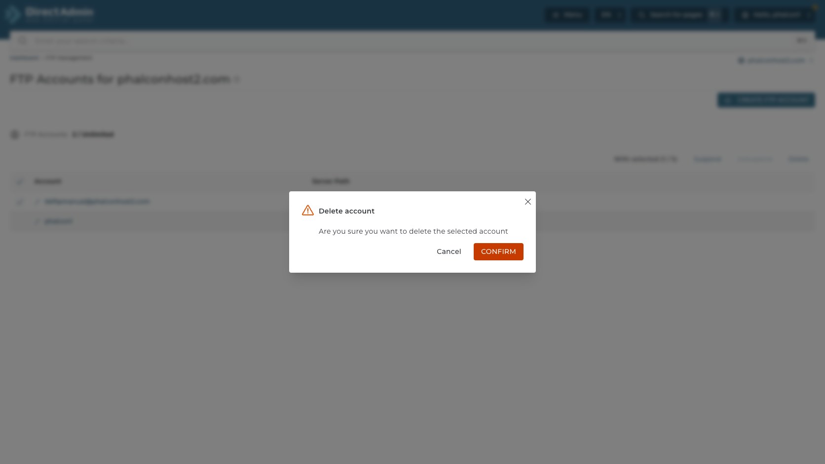 ภาพหน้าจอ Delete account confirmation ใน DirectAdmin พร้อม warning icon ปุ่ม Cancel และ Confirm สำหรับลบบัญชี FTP