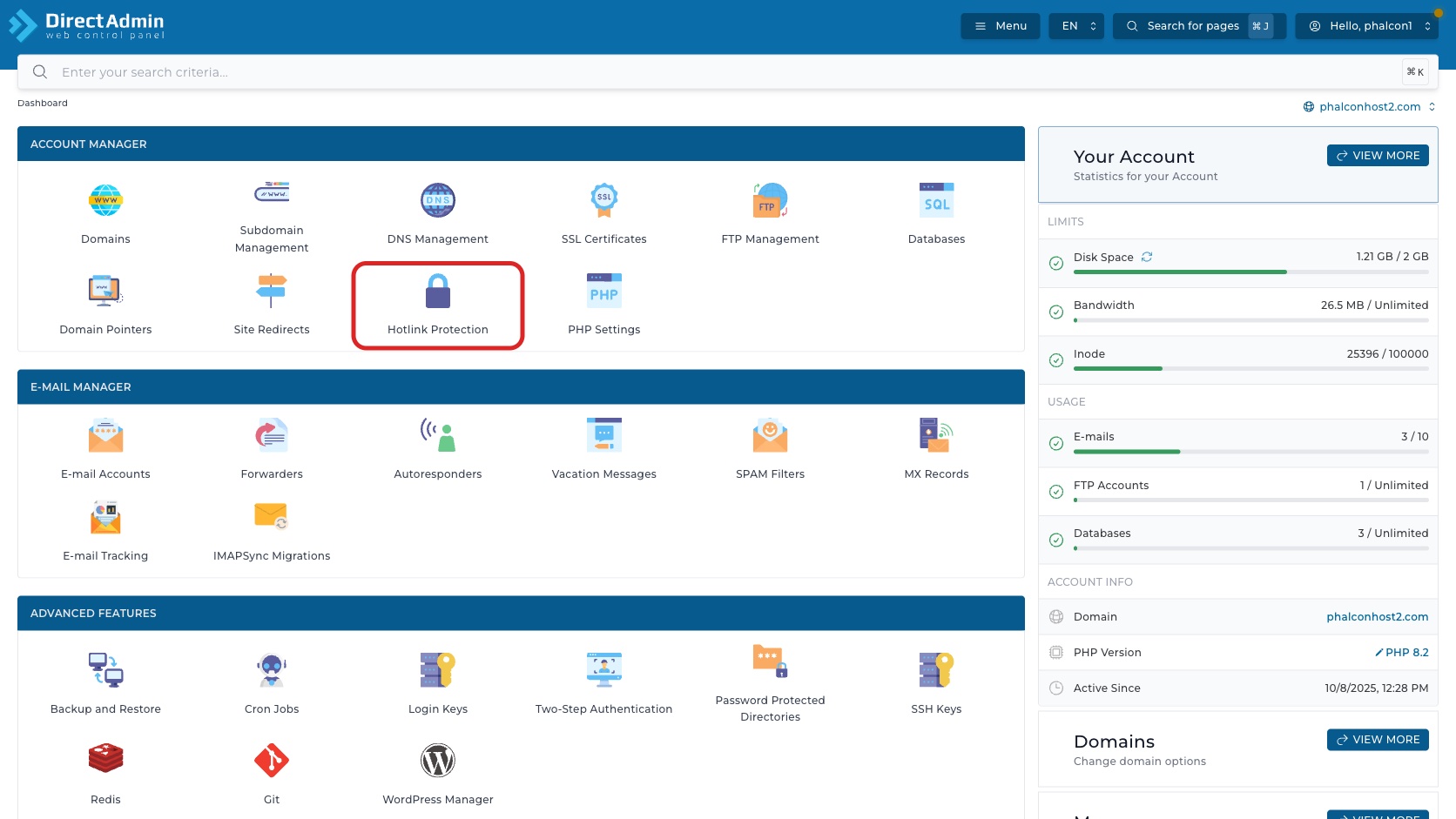 ภาพหน้าจอ DirectAdmin Dashboard พร้อมกรอบสีแดงรอบเมนู Hotlink Protection ในกลุ่ม Account Manager