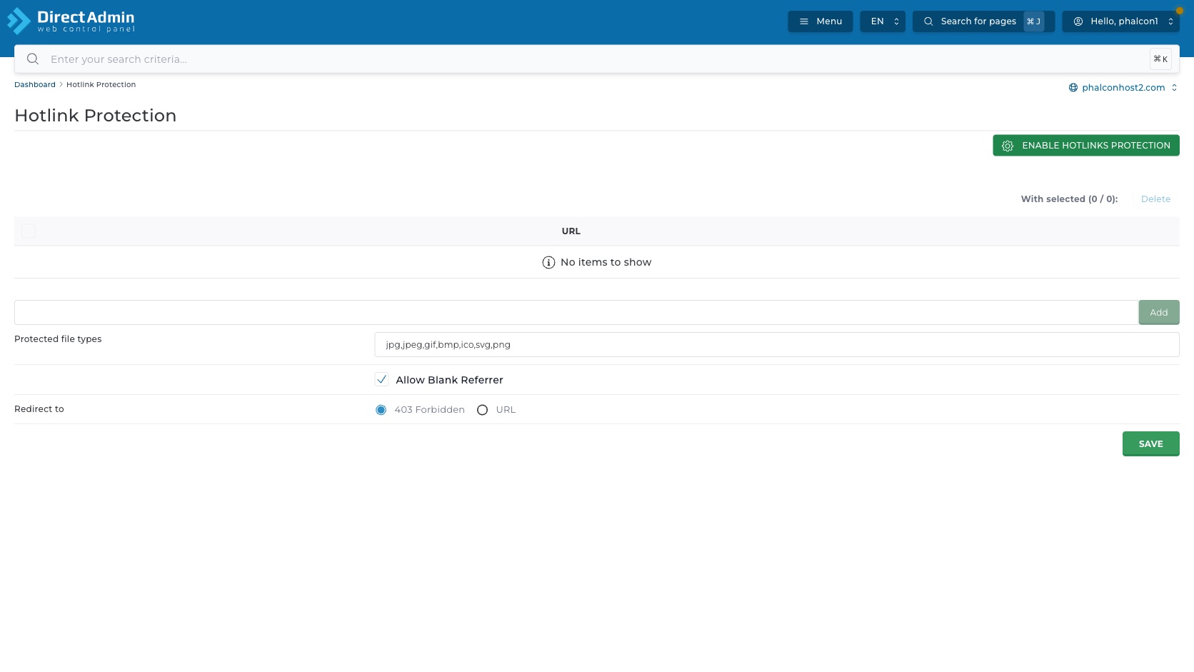 ภาพหน้าจอหน้าหลัก Hotlink Protection ใน DirectAdmin แสดง breadcrumb domain selector ปุ่ม Enable Hotlinks Protection ตาราง URL และปุ่ม Save