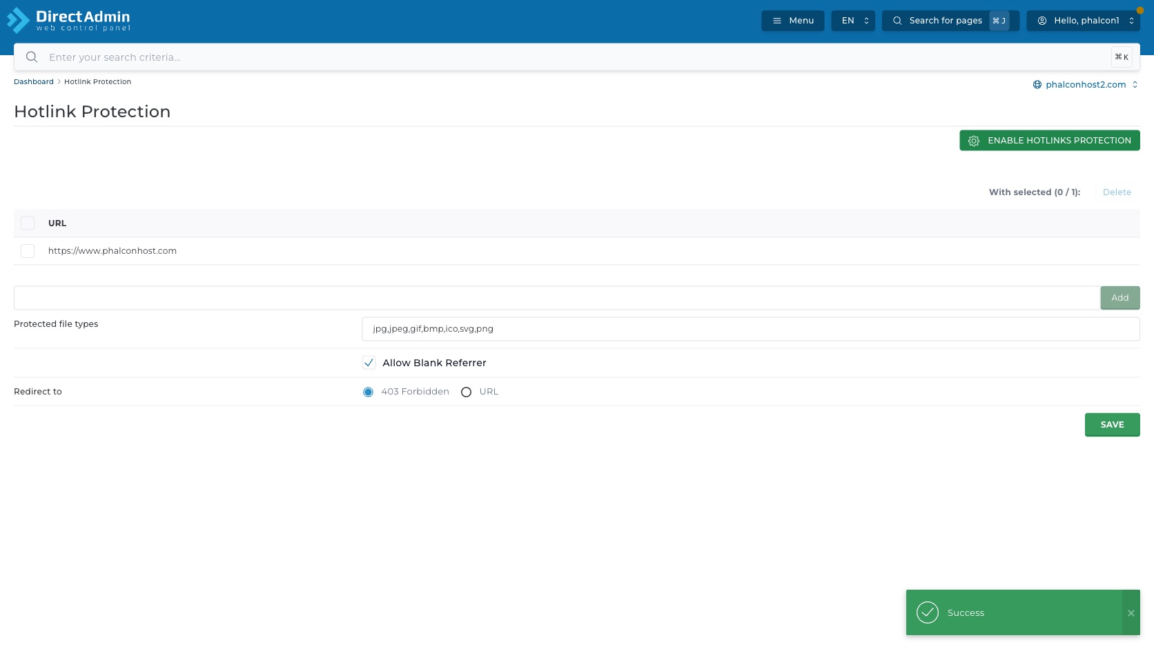 ภาพหน้าจอ Hotlink Protection หลังเพิ่ม URL ที่อนุญาต แสดง checkbox หัวตาราง checkbox หน้าแถว คอลัมน์ URL และ With selected